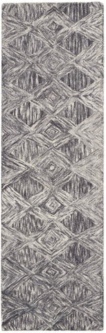 8' Charcoal and Ivory Wool Geometric Runner Rug