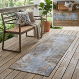 8' Runner Mocha and Blue Abstract Washable Non Skid Indoor Outdoor Runner Rug
