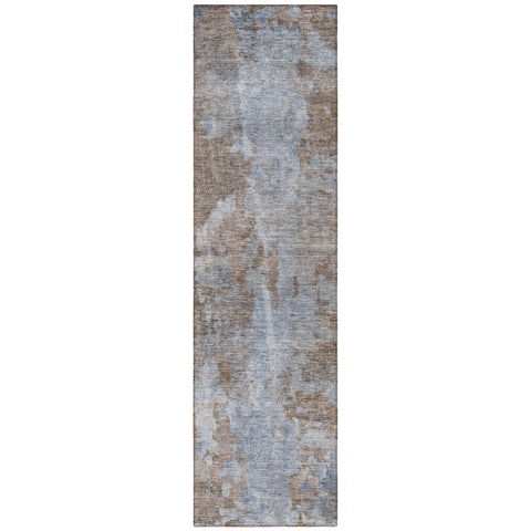 8' Runner Mocha and Blue Abstract Washable Non Skid Indoor Outdoor Runner Rug