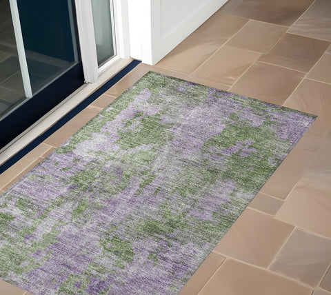 3' X 5' Green and Purple Abstract Washable Non Skid Indoor Outdoor Area Rug