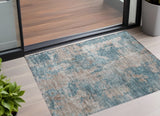 2' X 3' Teal and Taupe Abstract Washable Non Skid Indoor Outdoor Area Rug
