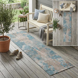 8' Runner Teal and Taupe Abstract Washable Non Skid Indoor Outdoor Runner Rug
