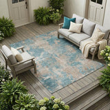 8' X 10' Teal and Taupe Abstract Washable Non Skid Indoor Outdoor Area Rug