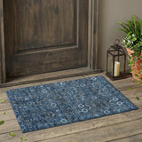 2' X 3' Blue and Black Floral Washable Non Skid Indoor Outdoor Area Rug