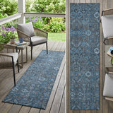 8' Runner Blue and Black Floral Washable Non Skid Indoor Outdoor Runner Rug