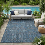 5' X 8' Blue and Black Floral Washable Non Skid Indoor Outdoor Area Rug