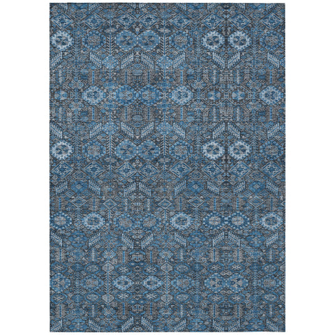 5' X 8' Blue and Black Floral Washable Non Skid Indoor Outdoor Area Rug