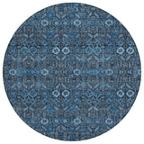8' Round Blue and Black Round Floral Washable Non Skid Indoor Outdoor Area Rug