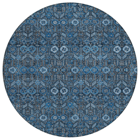 8' Round Blue and Black Round Floral Washable Non Skid Indoor Outdoor Area Rug
