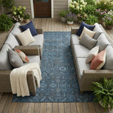 8' X 10' Blue and Black Floral Washable Non Skid Indoor Outdoor Area Rug