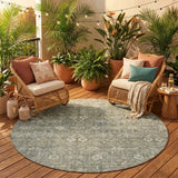 8' Round Cream and Tan Round Floral Washable Non Skid Indoor Outdoor Area Rug