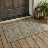 3' X 5' Blue and Orange Floral Washable Non Skid Indoor Outdoor Area Rug