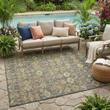 5' X 8' Blue and Orange Floral Washable Non Skid Indoor Outdoor Area Rug