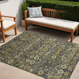 5' X 8' Blue and Orange Floral Washable Non Skid Indoor Outdoor Area Rug