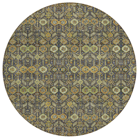 8' Round Blue and Orange Round Floral Washable Non Skid Indoor Outdoor Area Rug