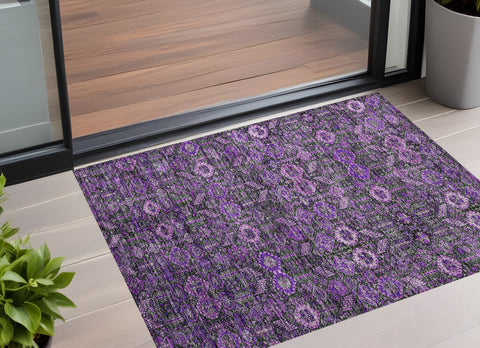 2' X 3' Purple and Green Floral Washable Non Skid Indoor Outdoor Area Rug