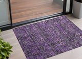3' X 5' Purple And Green Floral Washable Indoor Outdoor Area Rug