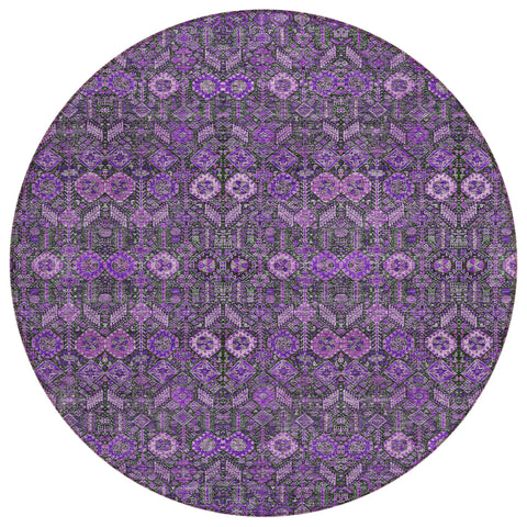 8' Round Purple and Green Round Floral Washable Non Skid Indoor Outdoor Area Rug