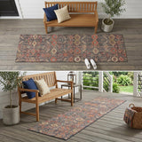 8' Runner Red and Dark Blue Floral Washable Non Skid Indoor Outdoor Runner Rug