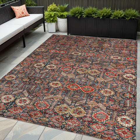 5' X 8' Red And Dark Blue Floral Washable Indoor Outdoor Area Rug