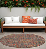 8' Round Red and Dark Blue Round Floral Washable Non Skid Indoor Outdoor Area Rug