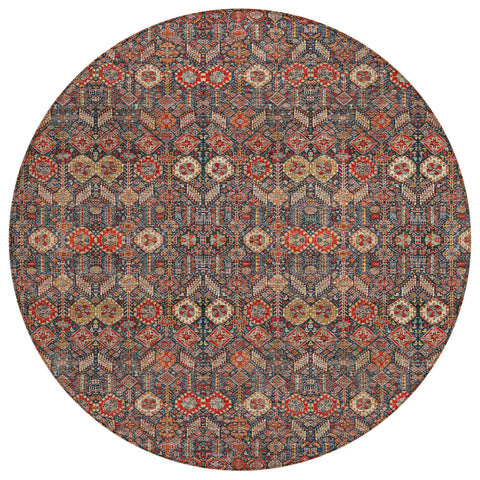 8' Round Red and Dark Blue Round Floral Washable Non Skid Indoor Outdoor Area Rug