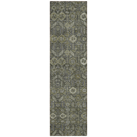 8' Runner Moss Green and Gray Floral Washable Non Skid Indoor Outdoor Runner Rug