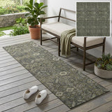 8' Runner Moss Green and Gray Floral Washable Non Skid Indoor Outdoor Runner Rug