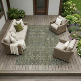 8' X 10' Moss Green and Gray Floral Washable Non Skid Indoor Outdoor Area Rug
