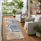 8' Beige Blue And Gold Faux Bois Washable Indoor Outdoor Runner Rug