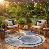 8' Round Beige Blue and Gold Round Faux Bois Washable Non Skid Indoor Outdoor Area Rug