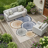 8' X 10' Beige Blue and Gold Faux Bois Washable Non Skid Indoor Outdoor Area Rug