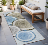 8' Runner Blue Gold and Gray Faux Bois Washable Non Skid Indoor Outdoor Runner Rug