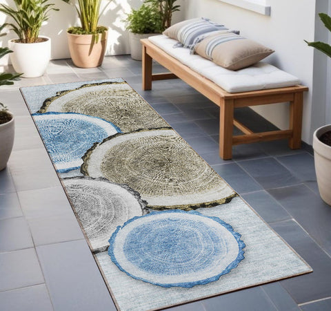 8' Runner Blue Gold and Gray Faux Bois Washable Non Skid Indoor Outdoor Runner Rug