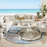 8' Round Blue Gold and Gray Round Faux Bois Washable Non Skid Indoor Outdoor Area Rug