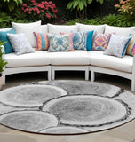 8' Round Gray and Black Round Faux Bois Washable Non Skid Indoor Outdoor Area Rug