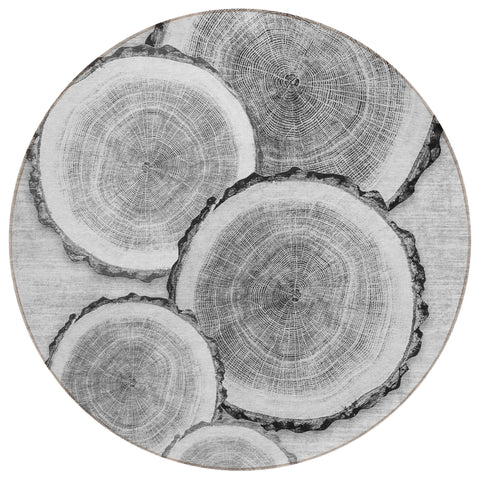 8' Round Gray and Black Round Faux Bois Washable Non Skid Indoor Outdoor Area Rug