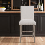 26" White And Natural Fabric And Wood Counter Height Bar Chair