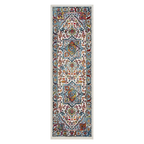 7' White And Blue Medallion Runner Rug