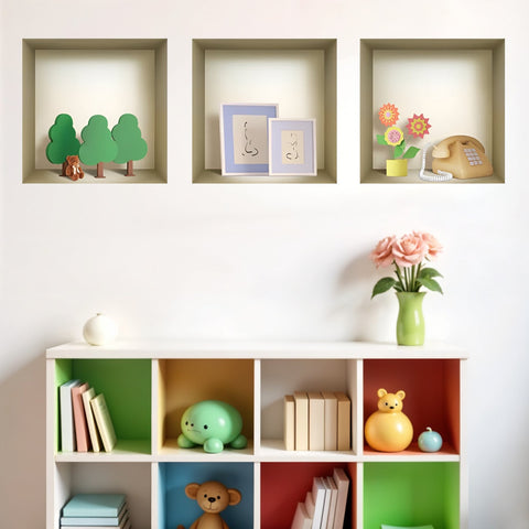 Set of Three Ash Faux Niche 3D Square Peel and Stick Wall Decals