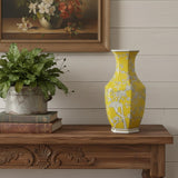 14" Yellow And White Chinoiserie Floral Porcelain Table Vase