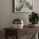 11" Antiqued Bronze And Light Gray Color Block Ceramic Round Table Vase