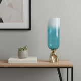 21" Blue White And Gold Ombre Glass And Aluminum Pedestal Table Vase
