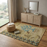 4' X 6' Tan Blue and Brown Floral Hand Knotted Area Rug