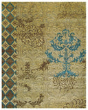 4' X 6' Tan Blue and Brown Floral Hand Knotted Area Rug
