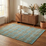 4' X 6' Green Blue and Taupe Floral Hand Knotted Worn Faded Area Rug