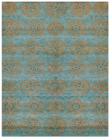 4' X 6' Green Blue and Taupe Floral Hand Knotted Worn Faded Area Rug