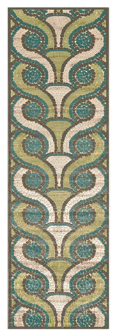 8' Tan Blue and Green Geometric Power Loom Runner Rug