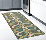 8' Tan Blue and Green Geometric Power Loom Runner Rug