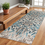 8' Taupe and Blue Abstract Power Loom Runner Rug